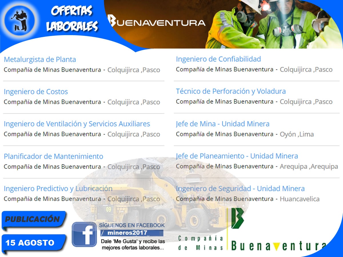 Oportunidad de Trabajo Vacantes Limitadas para trabajar en Compañía de Minas Buenaventura