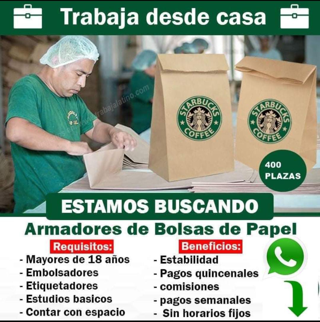 STARBUCKS COFFE NECESITA URGENTE PERSONAL ARMAR BOLSAS DE PAPEL VACANTES LIMITADAS EN TODOS LOS PAISES