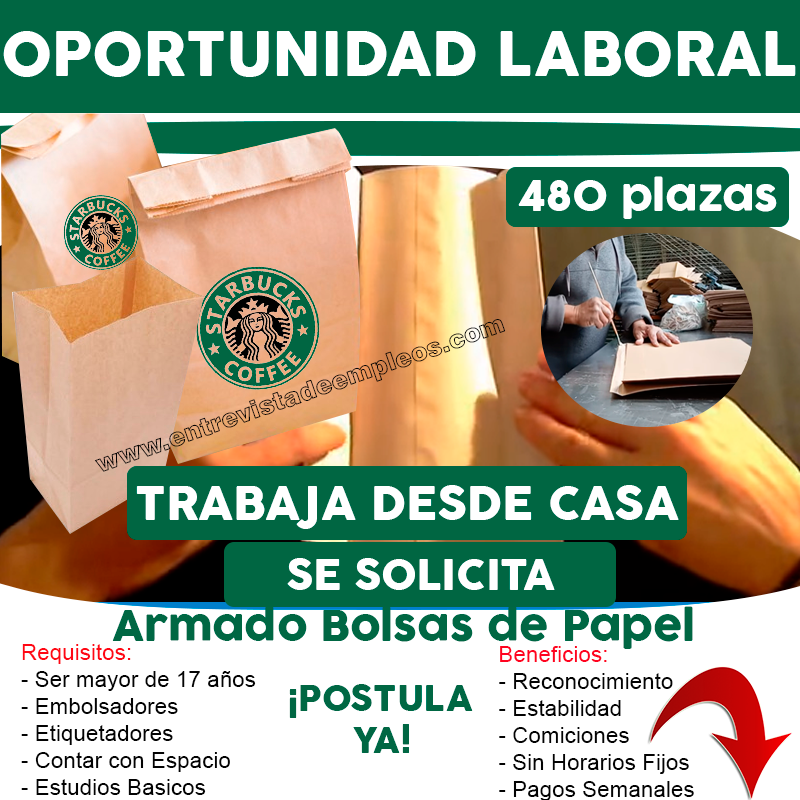 Starbuks Coffe Busca urgente personal para armar bolsas para despacho